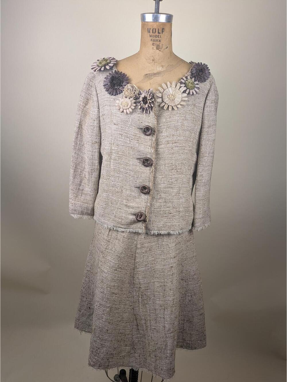 90's/y2k moschino beige tweed straw flower skirt jacket suit set